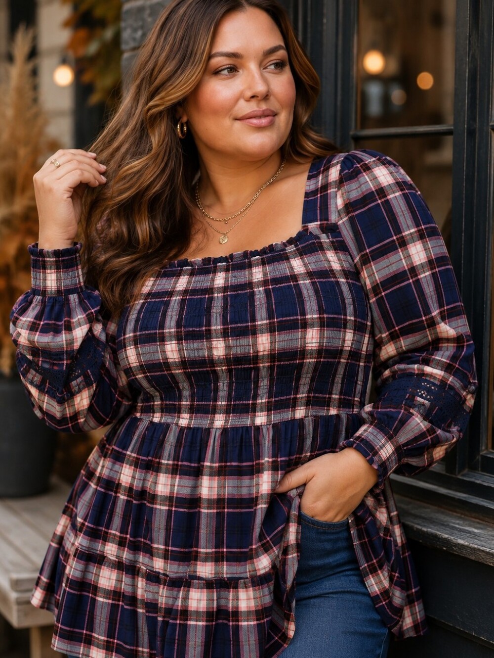 TORRID Navy Pink Plaid Smocked Babydoll Tiered Lace Inset Top Boho Cottagecore